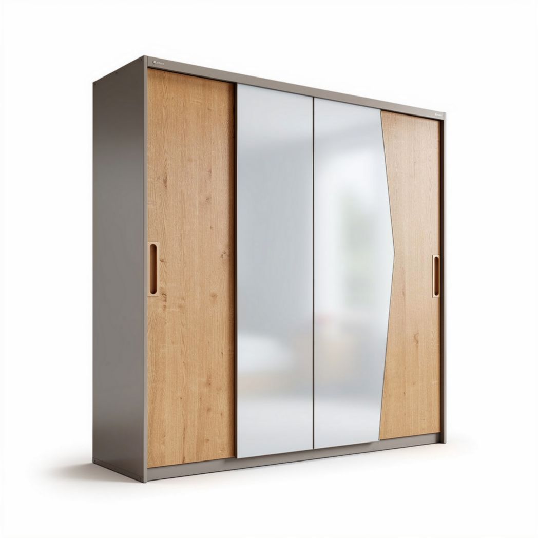 Sliding wardrobe with mirrored doors and wooden finish 180 x 200 x 60cm