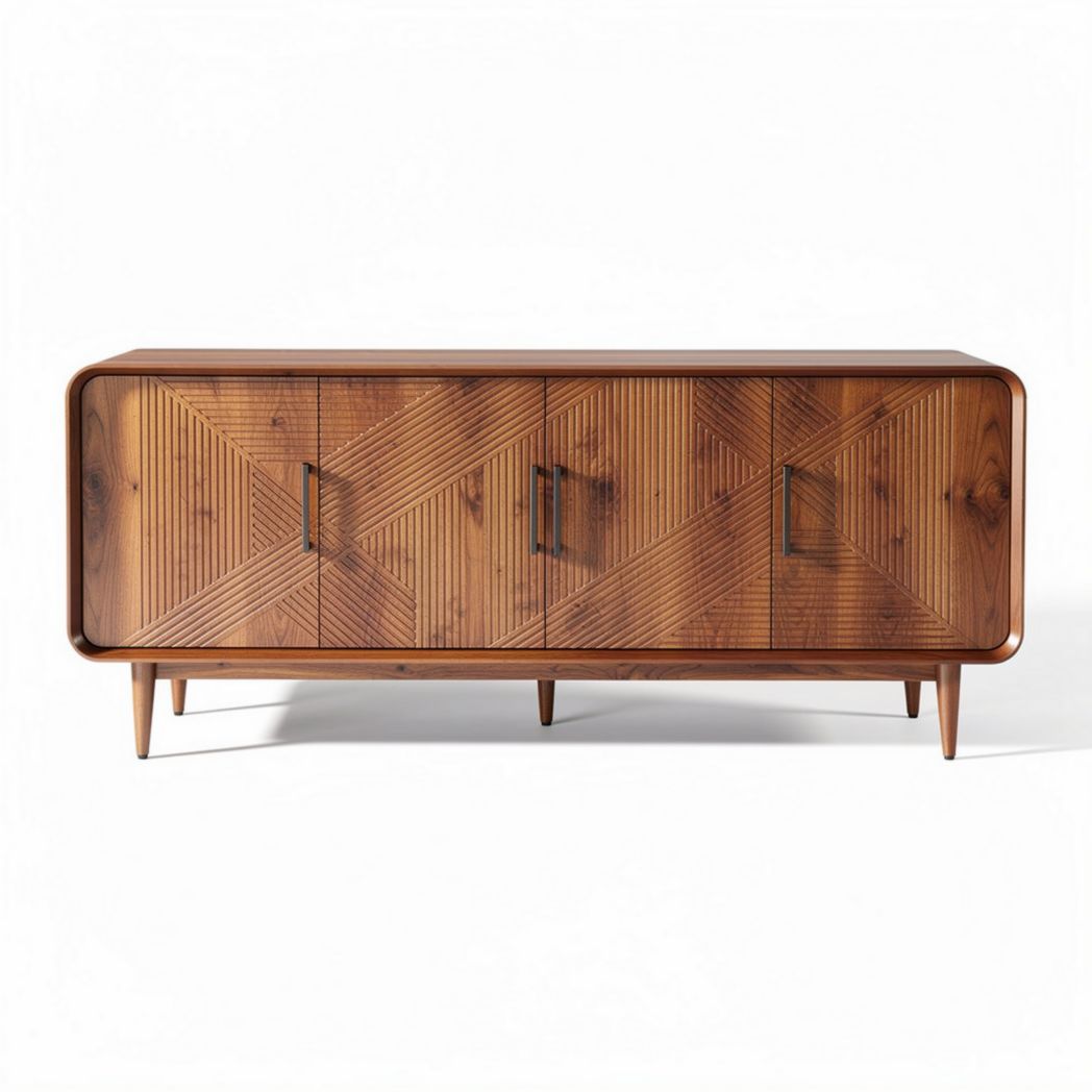 Wooden media console with geometric design and storage cabinets 63 x 15.7 x 27.6 inches
