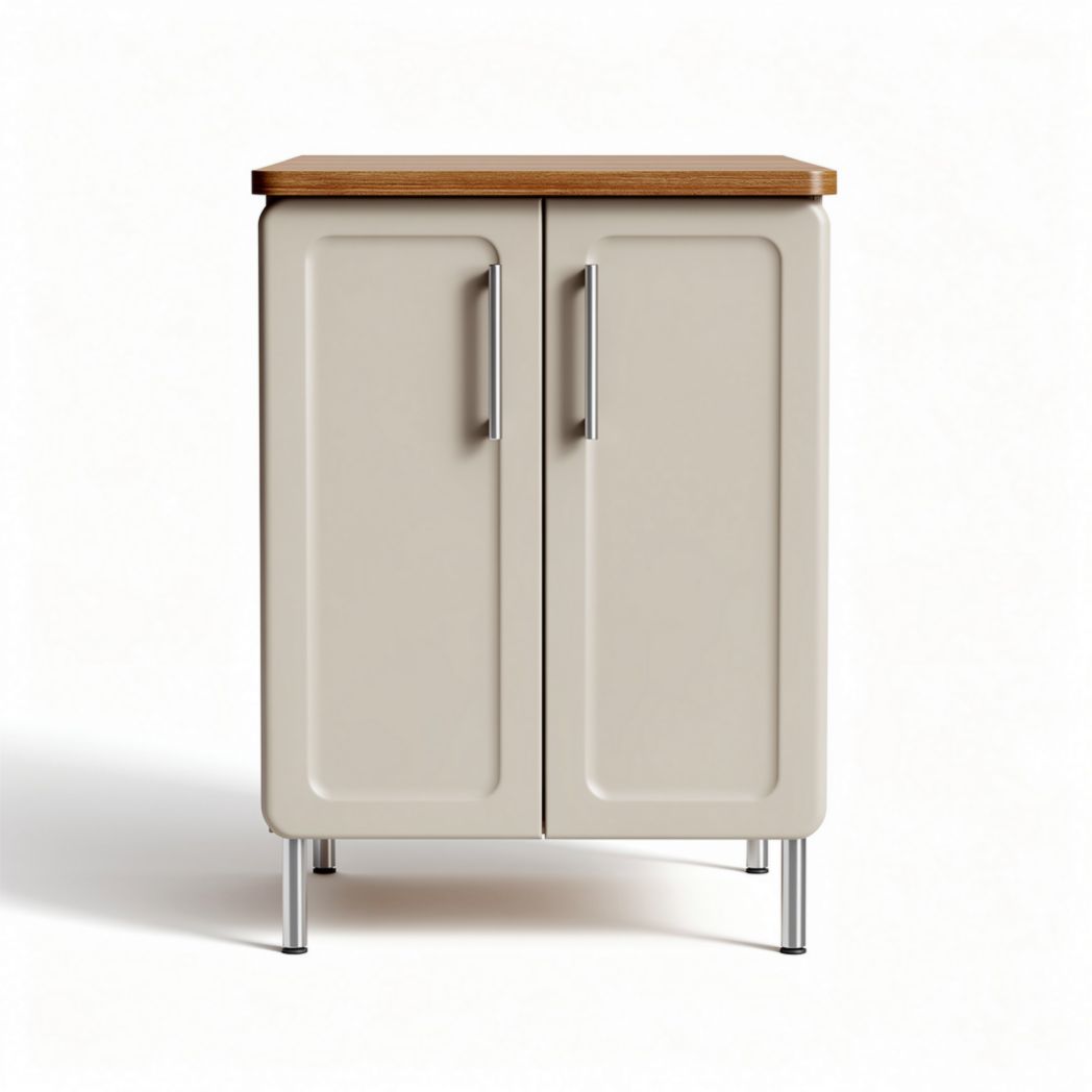 Metal storage cabinet with wooden top and two doors 50 x 40 x 80cm beige