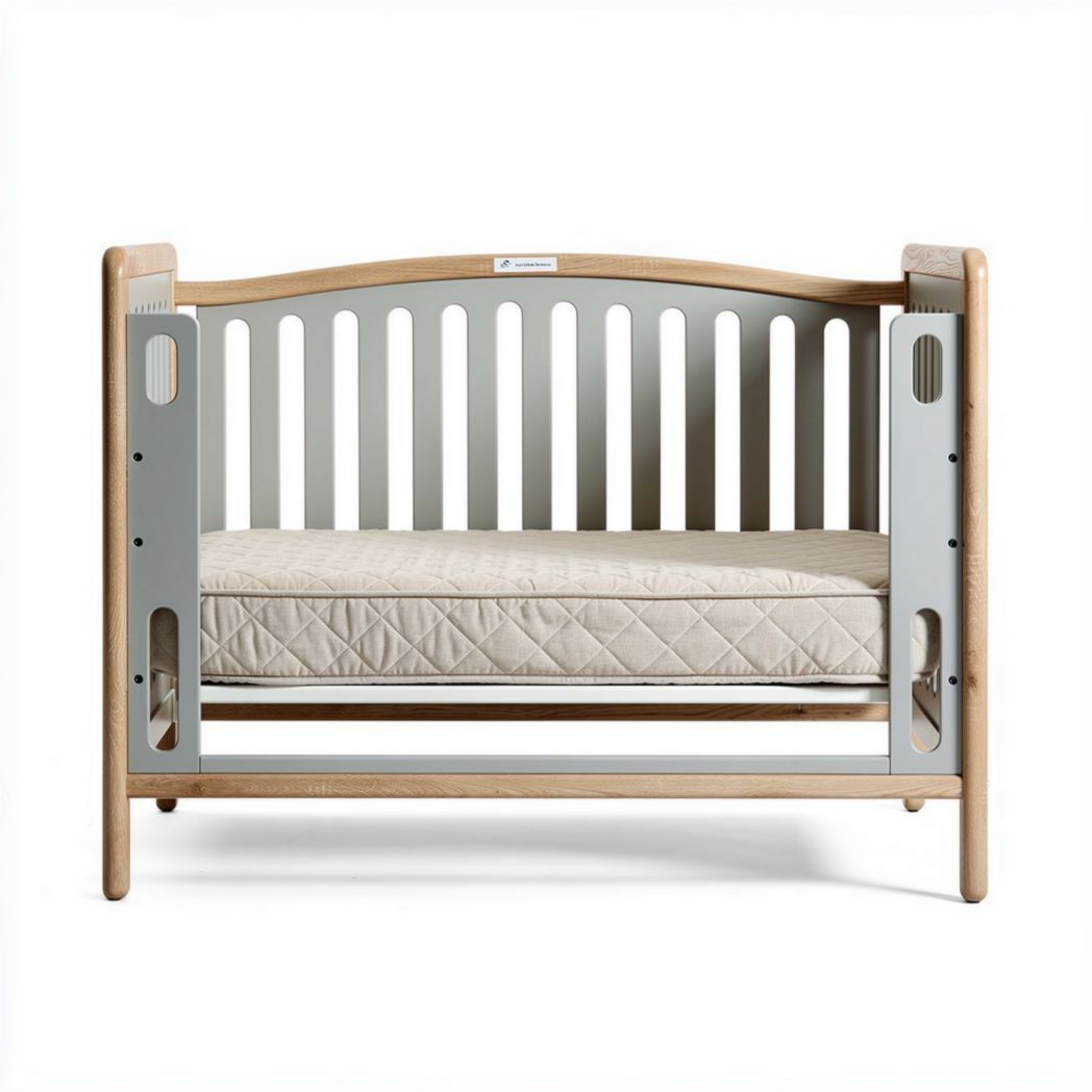 Wooden baby crib with adjustable mattress height in gray and natural finish 120 x 60 x 90cm