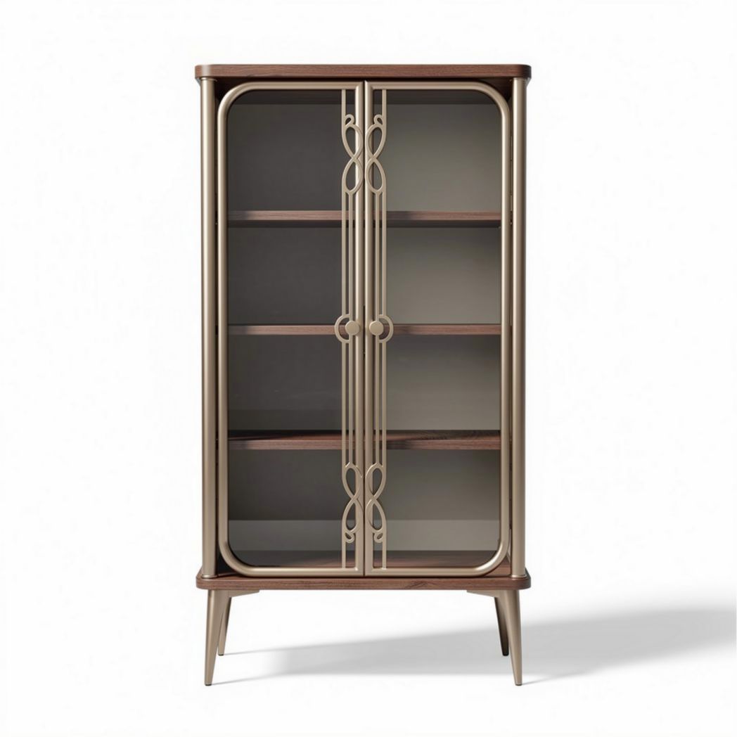 Glass display cabinet with wooden frame and metallic accents 80 x 40 x 180cm