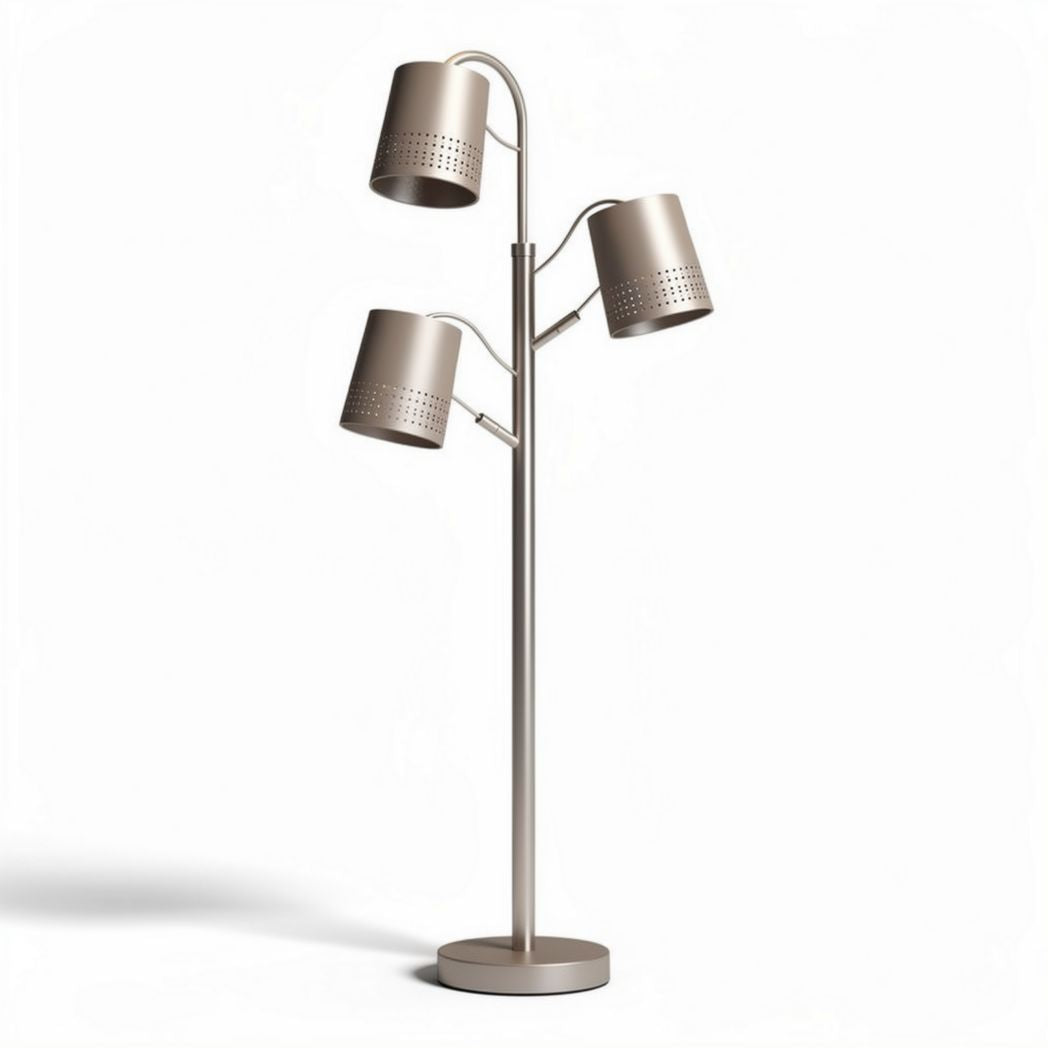 Three-armed floor lamp with metal shades in brushed nickel finish 60 x 20 x 150cm