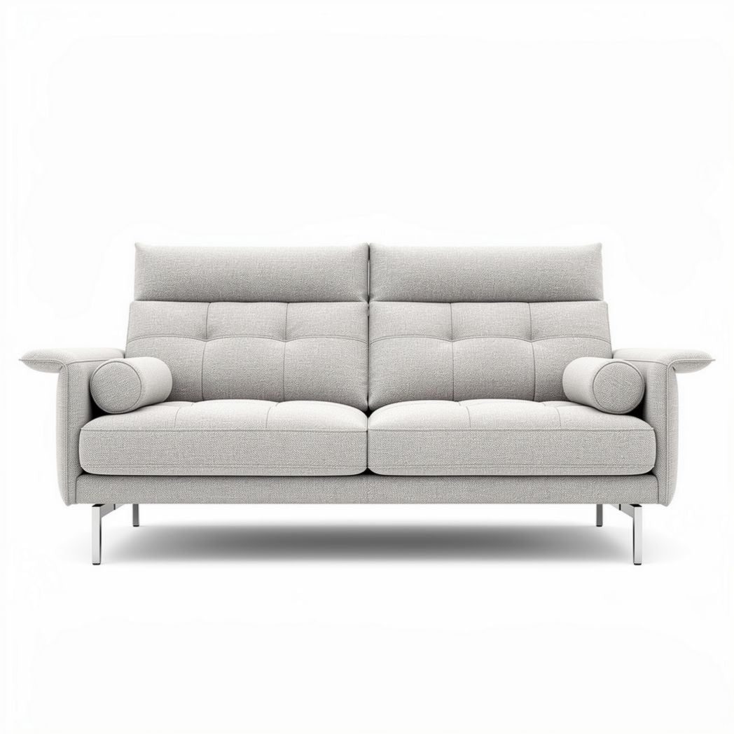 Grey upholstered sofa with adjustable headrests and chrome legs 180 x 85 x 85cm