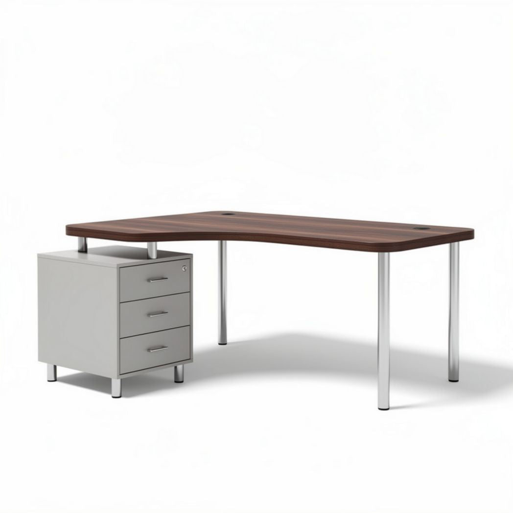 Wooden office desk with metal legs and storage cabinet in brown and gray 150 x 80 x 75cm