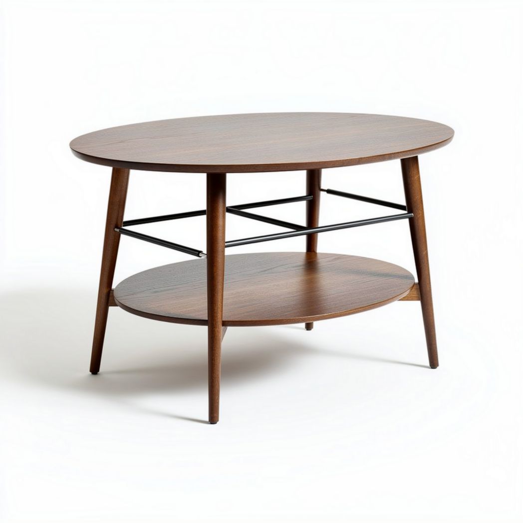 Oval wooden coffee table with metal shelf and natural finish 100 x 60 x 45cm