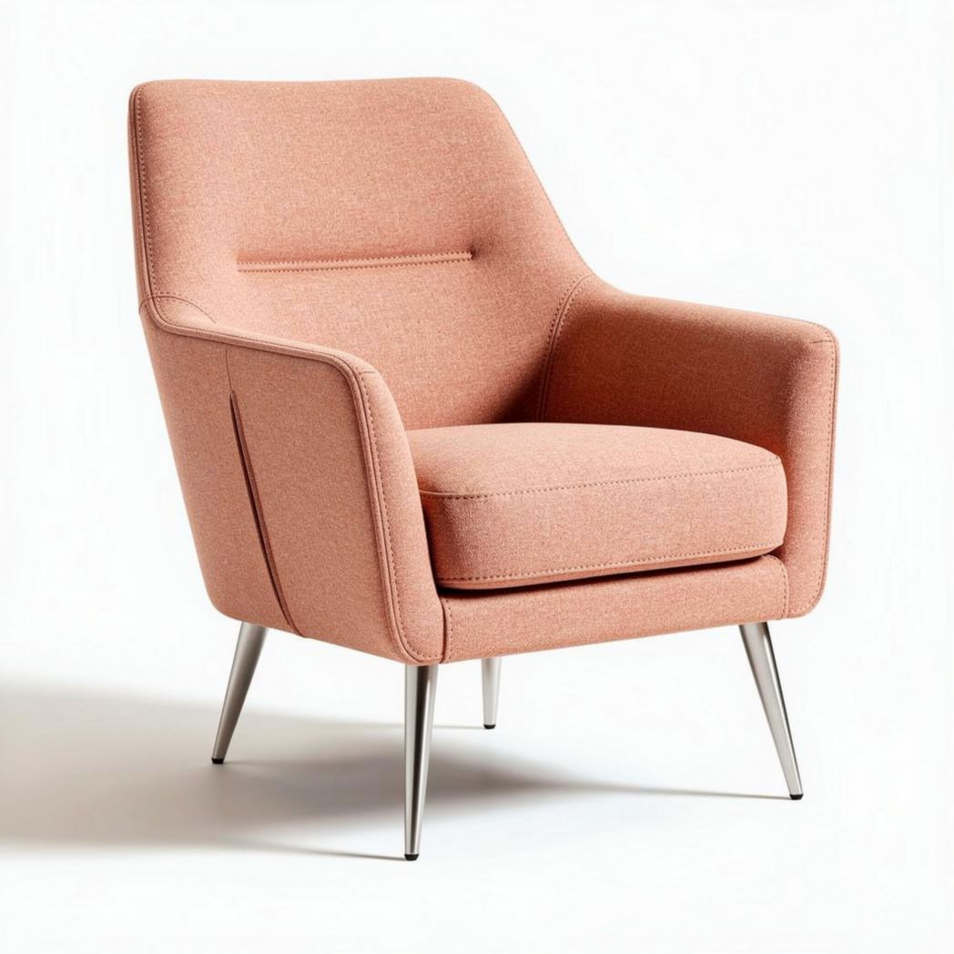 Mid-century modern accent chair in coral fabric with metal legs 80 x 70 x 85cm