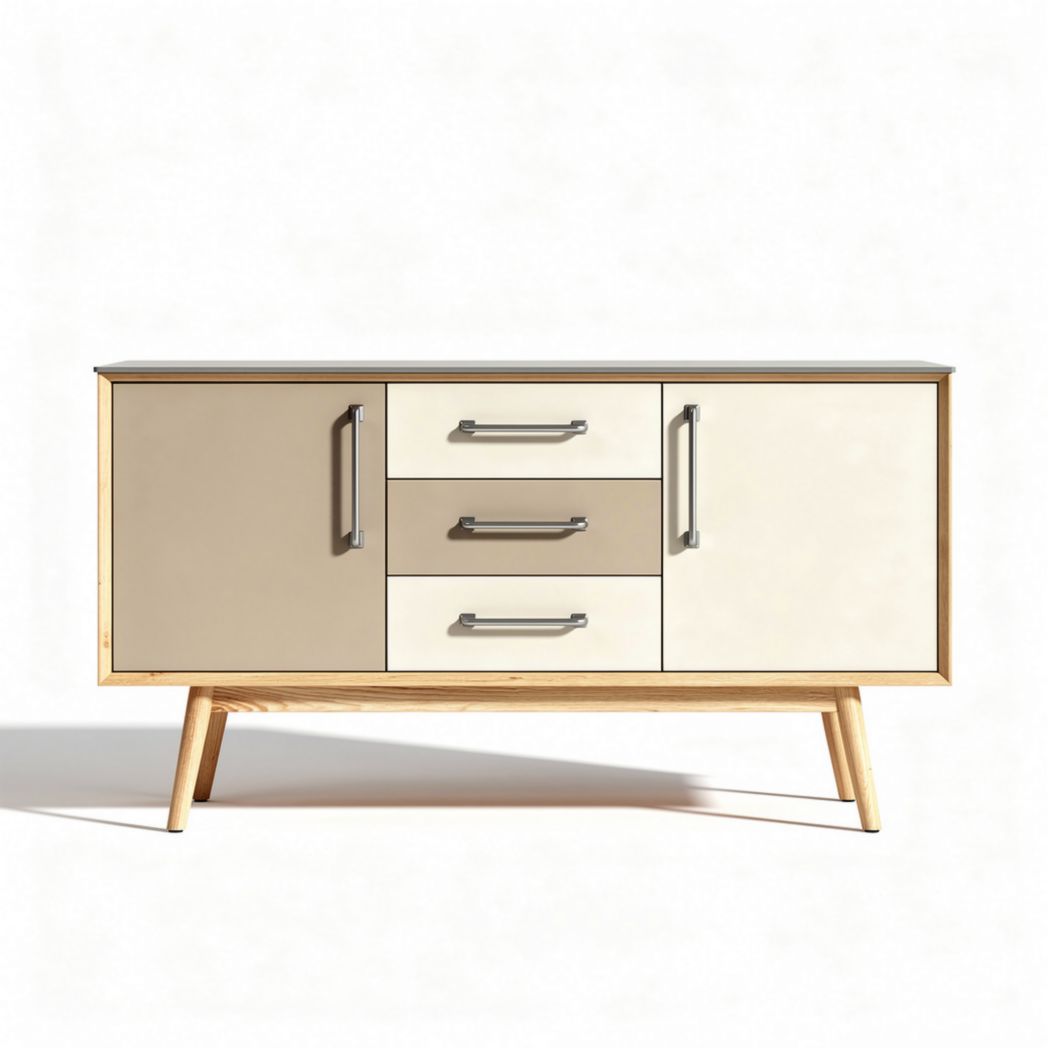 Wooden storage cabinet with three drawers and two-tone finish 150 x 45 x 70cm