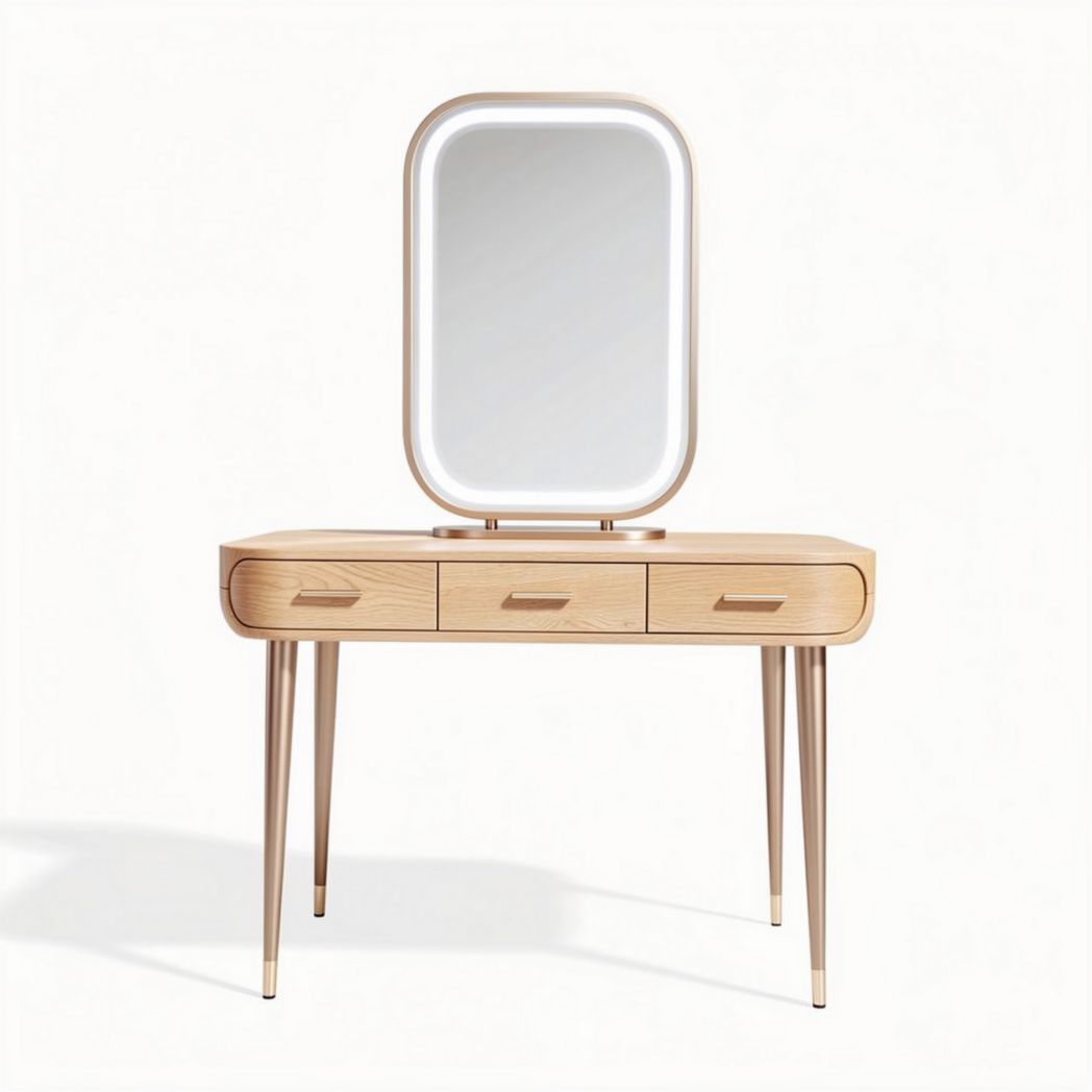 Wooden vanity table with mirror and three drawers in natural finish